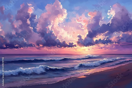 Texas Beach Sunset. Ocean Waves under Cloudy Sky on Gulf Coast of Texas