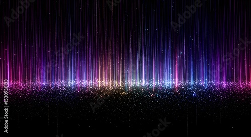 Abstract colorful soundwave lines on black background, digital music equalizer concept, vertical light bars with glowing particles