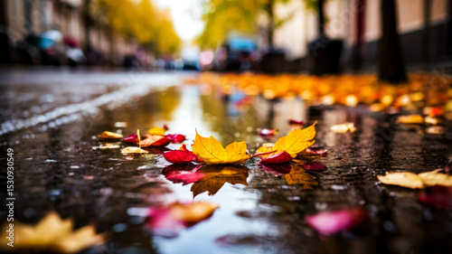 Autumn leaves falling on the road with stagnant water surface on the road, reflection of leaf shadow from the elegant stagnant water, bright color, street photo