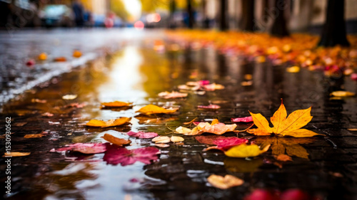 Autumn leaves falling on the road with stagnant water surface on the road, reflection of leaf shadow from the elegant stagnant water, bright color, street photo