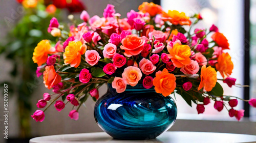 Flower vase with flowers in various bright colors, beautiful mixed flowers with elegant ceramic flower vase with smooth and slippery texture.