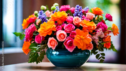 Flower vase with flowers in various bright colors, beautiful mixed flowers with elegant ceramic flower vase with smooth and slippery texture.