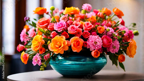 Flower vase with flowers in various bright colors, beautiful mixed flowers with elegant ceramic flower vase with smooth and slippery texture.