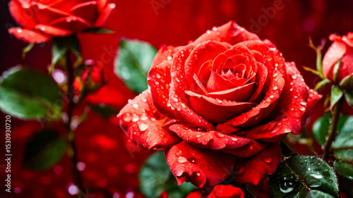 macro lens close up view of red rose petals with blooming and beautiful petals, stunning color, water drop effect of red rose flower