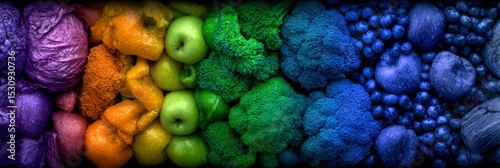 A colorful medley of organic fruits and vegetables, freshly arranged in a rainbow pattern