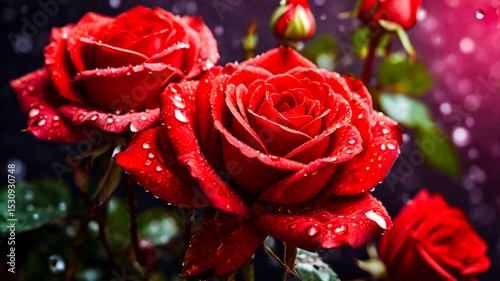 macro lens close up view of red rose petals with blooming and beautiful petals, stunning color, water drop effect of red rose flower