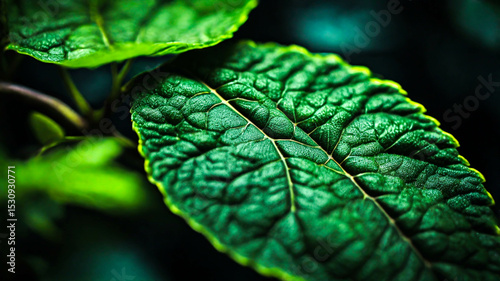 close up and textured green leaves, textured surface, fresh growing tree leaves