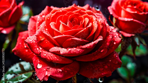 macro lens close up view of red rose petals with blooming and beautiful petals, stunning color, water drop effect of red rose flower