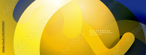 Abstract shapes overlap, creating vibrant yellow, blue gradients. Modern design suggests fluidity, energy, positive vibes. Minimalist aesthetic.