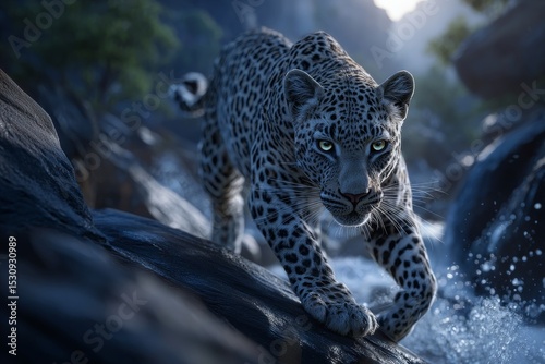 In the Samburu National Reserve of Kenya, a breathtaking scene unfolds as an African leopard, known scientifically as Panthera pardus pardus, descends from its rocky observation point in the wild