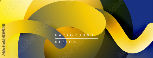 Abstract fluid shapes, yellow, blue, dark tones. Modern design elements create dynamic composition. Minimalist text present.