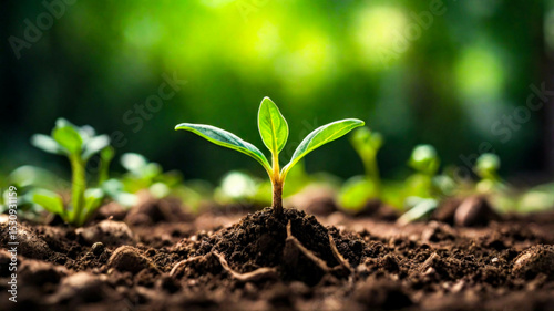 small green plants grow in the soil sowing growth of tree seedlings, world environment day