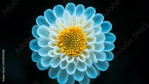 Close-up view of a vibrant blue and white flower with a yellow center against a dark background