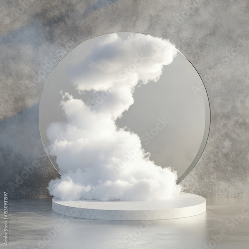 Three-Dimensional Mirror Concept. Abstract White Cloud within Round Geometric Mirror