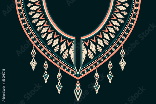 Boho tribal collar design with Persian Peach and Midnight Teal on dark background. Perfect for fashion prints, embroidery, and ethnic-inspired textile mockups.