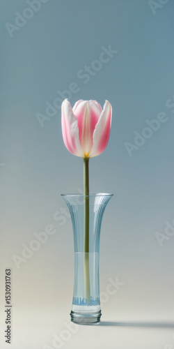Pink tulip in a transparent glass vase against a gradient blue background