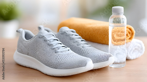 Stylish gray athletic shoes placed on wooden surface with a water bottle and towels, representing fitness and healthy lifestyle choices for active individuals. Selective focus