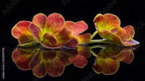 Vibrant orange and yellow flowers reflecting on a dark surface, showcasing natural beauty