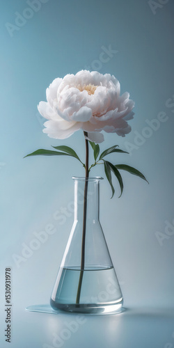 White peony flower in a glass flask with water on a light blue background