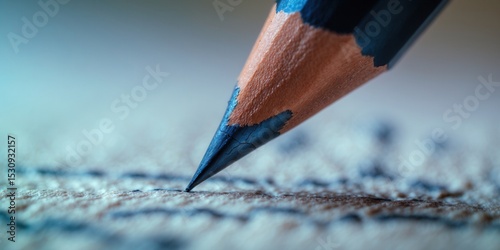 Close-up of a sharpened pencil tip writing on textured paper in soft blue lighting