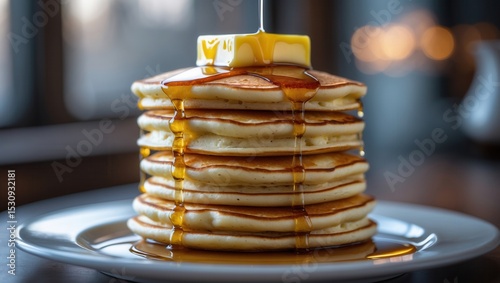 Stack of fluffy pancakes topped with butter and drizzled with golden syrup on a white plate
