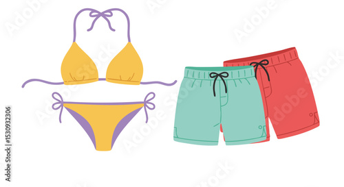 Flat Bikini and Swim Trunks Icons in Summer Colors