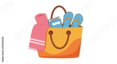 Flat Beach Bag with Towel and Flip-Flops, Colorful Icon