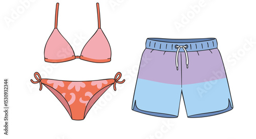 Flat Bikini and Swim Trunks Icons in Summer Colors