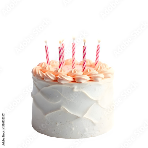 Photorealistic birthday cake with creamy frosting and candles, dreamy surreal style, bizarre details, soft shadows, isolated transparent background PNG for creative celebration visuals

