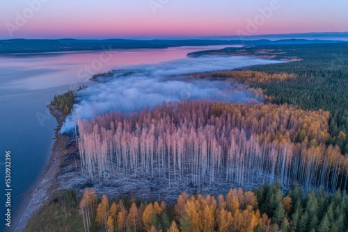 After wildfires, the landscape of fields and forests remains, with the forest still shrouded in smoke, following natural disasters or arson incidents that occurred in April 2020, and featuring
