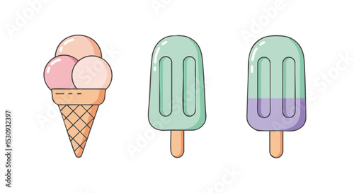 Flat Ice Cream Icons — Cone and Popsicle in Pastel Colors