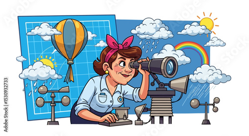 Female Meteorologist Observing Weather with Telescope and Instruments