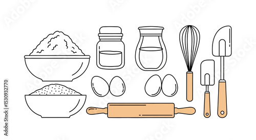 Baking Ingredients and Utensils Line Art Set