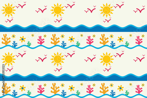 Tropical Summer Seamless Pattern with Sun, Waves, and Coral. Seamless summer pattern with sun, waves, flying birds, and coral reef. Perfect for beach products, kids’ clothing, and wrapping paper.