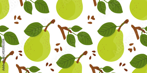Seamless pattern with cartoon green pears in modern flat style. Fruit background. Vector printing for fabric and wallpaper. Cute fruits on a white background