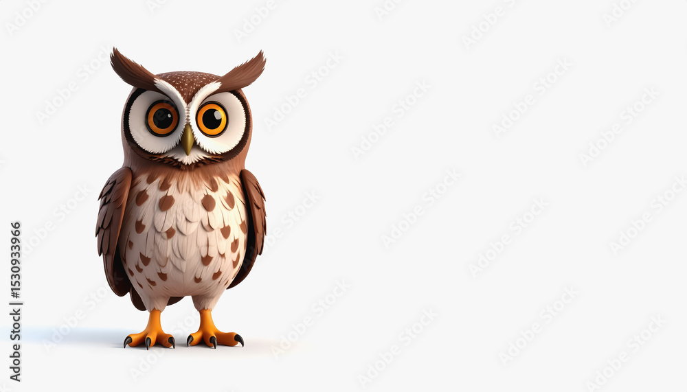 Naklejka premium Cute 3d forest owl character displaying full body isolated on a bright white background for creative use