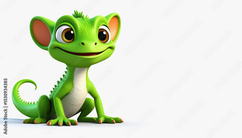 Fototapeta premium Endearing 3d cartoon geckoe full body image with copy space for text isolated on a bright white background