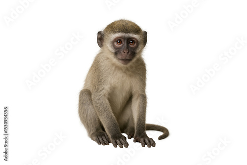 Cute young vervet monkey sitting calmly on white isolated background, adorable wildlife animal portrait, perfect for educational and nature projects