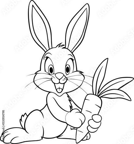 Cartoon rabbit holding a fresh carrot, black and white outline for coloring pages and educational content