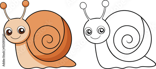Adorable cartoon snail illustration showing a colored version and a line art outline for coloring
