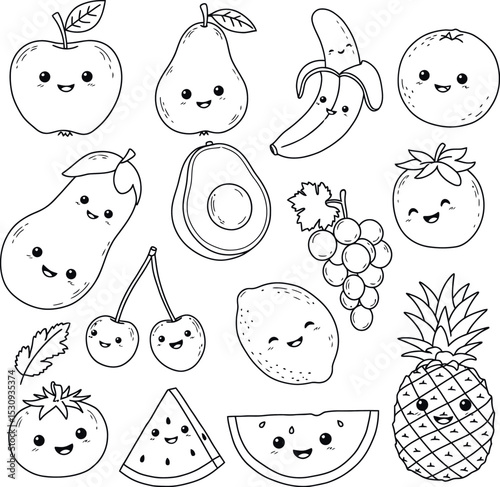 Cute Kawaii Fruits and Vegetables Coloring Page: Adorable Line Art for Kids and Adults.