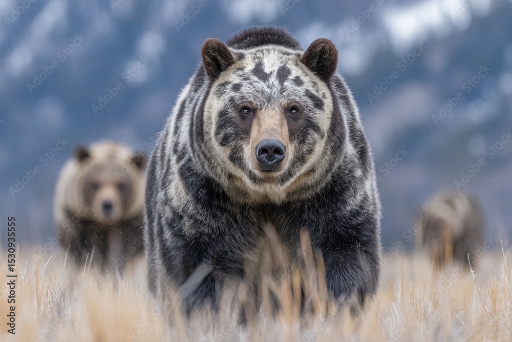 Fototapeta premium Grizzly bear 399, famous for its presence, is found roaming in a field at Grand Teton National Park in Wyoming