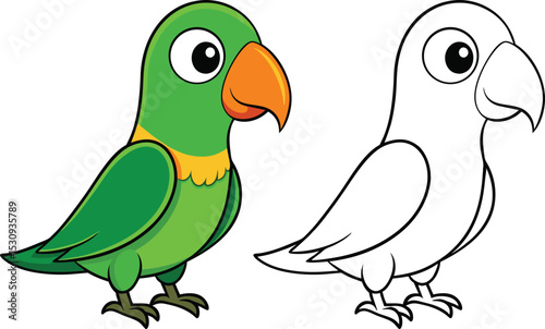 Colorful cartoon parrot illustration with outline version for coloring pages and educational purposes
