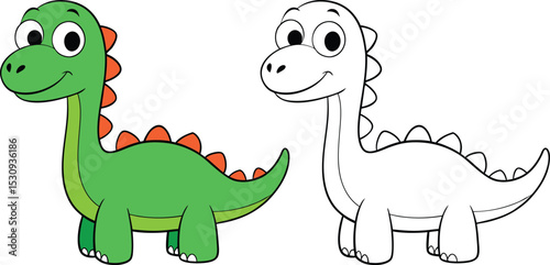 Cute cartoon dinosaurs illustration featuring a green colored dinosaur and a black and white outline companion