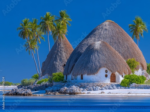 The Caribbean side of Panama, Central America, boasts a tropical eco resort that offers a thatch hut and is surrounded by dense vegetation, right on the beach
