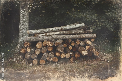 Pile of Birch Logs Stored Near Tree in Forest Landscape