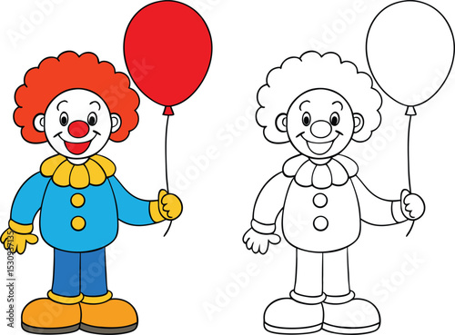 Cheerful cartoon clown holding a red balloon with outline illustration for coloring books and fun projects.