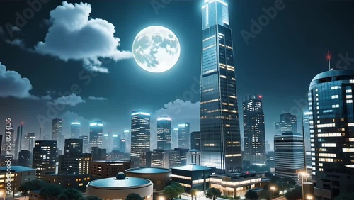 Full Moon Over Urban Skyline and Hills