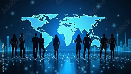 Silhouetted individuals stand before a world map backdrop symbolizing global business connection with a modern technology aesthetic.