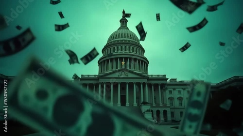 Money falling in front of a building with columns can be used for themes about politics and economy.